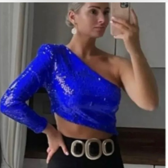 ZARA SEQUIN SPARKLY Asymmetric Cobalt Blue Crop TOP Small - Picture 2 of 5